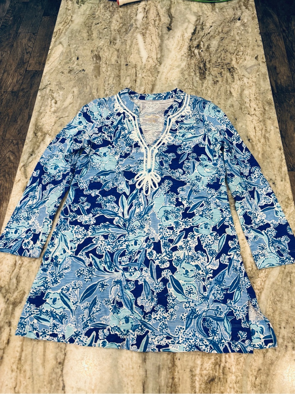 Lilly Pulitzer Womens Blue Floral Lace-Trim V-Neck Tunic size XXS